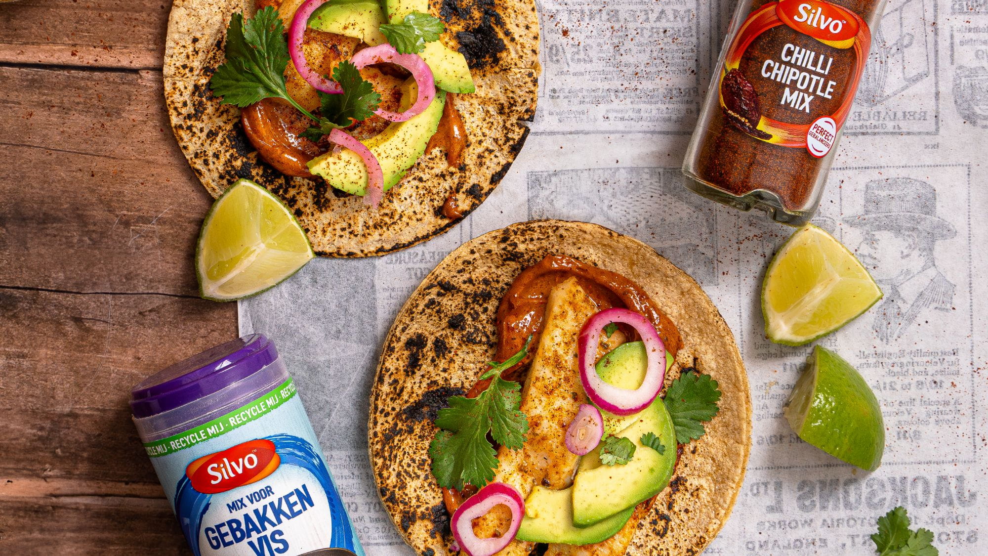 Vistaco’s met krokante vis, avocado en spicy mayo