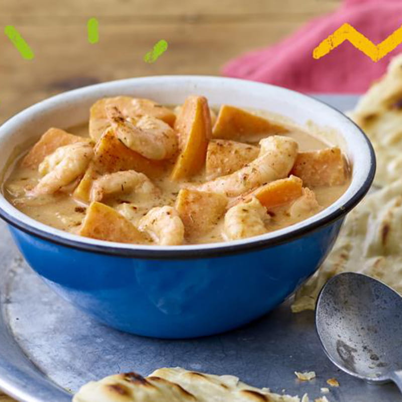 Caribische garnalen en zoete aardappel curry met Roti