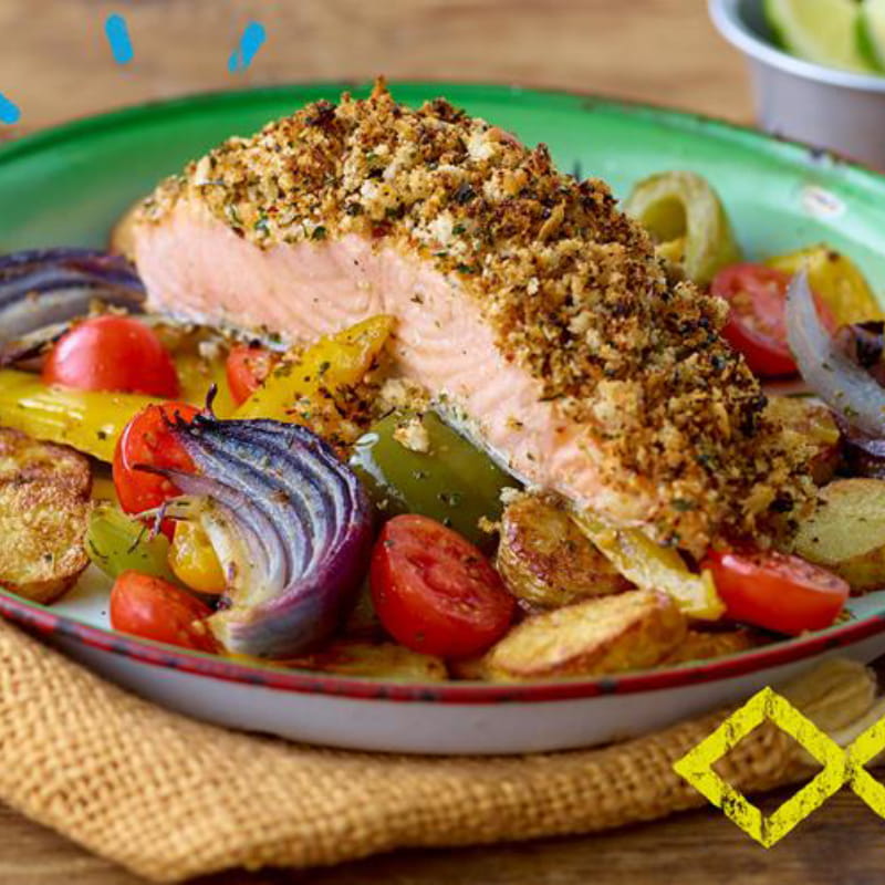 Zalm met een Chimichurri korst en geroosterde groente