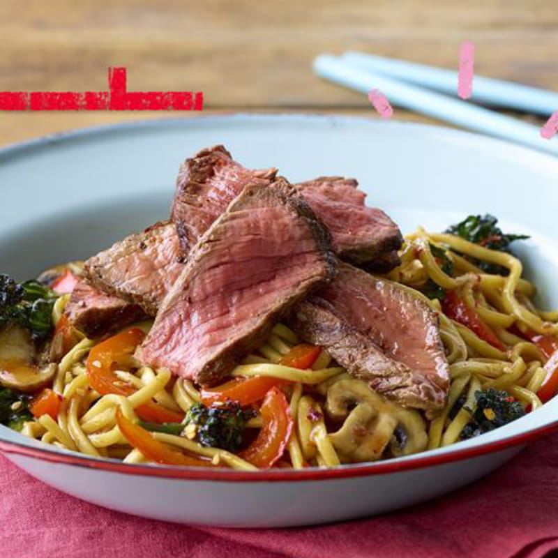 Korean BBQ biefstuk met Teriyaki Roerbak noedels