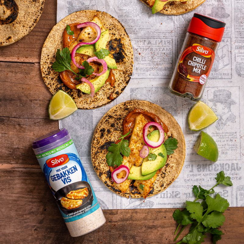 Vistaco’s met krokante vis, avocado en spicy mayo